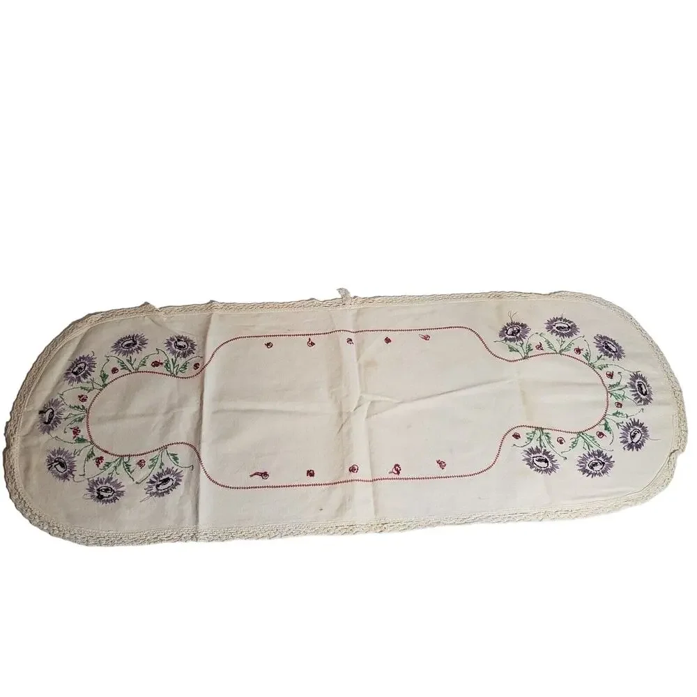 VINTAGE TABLE RUNNER CORN FLOWER GARDEN EMBROIDERED DRESSER SCARF ESTATE MCM